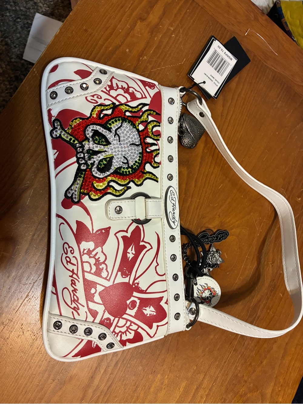 Ed Hardy White with Red Floral & Multicolor Sequin Skull Handbag